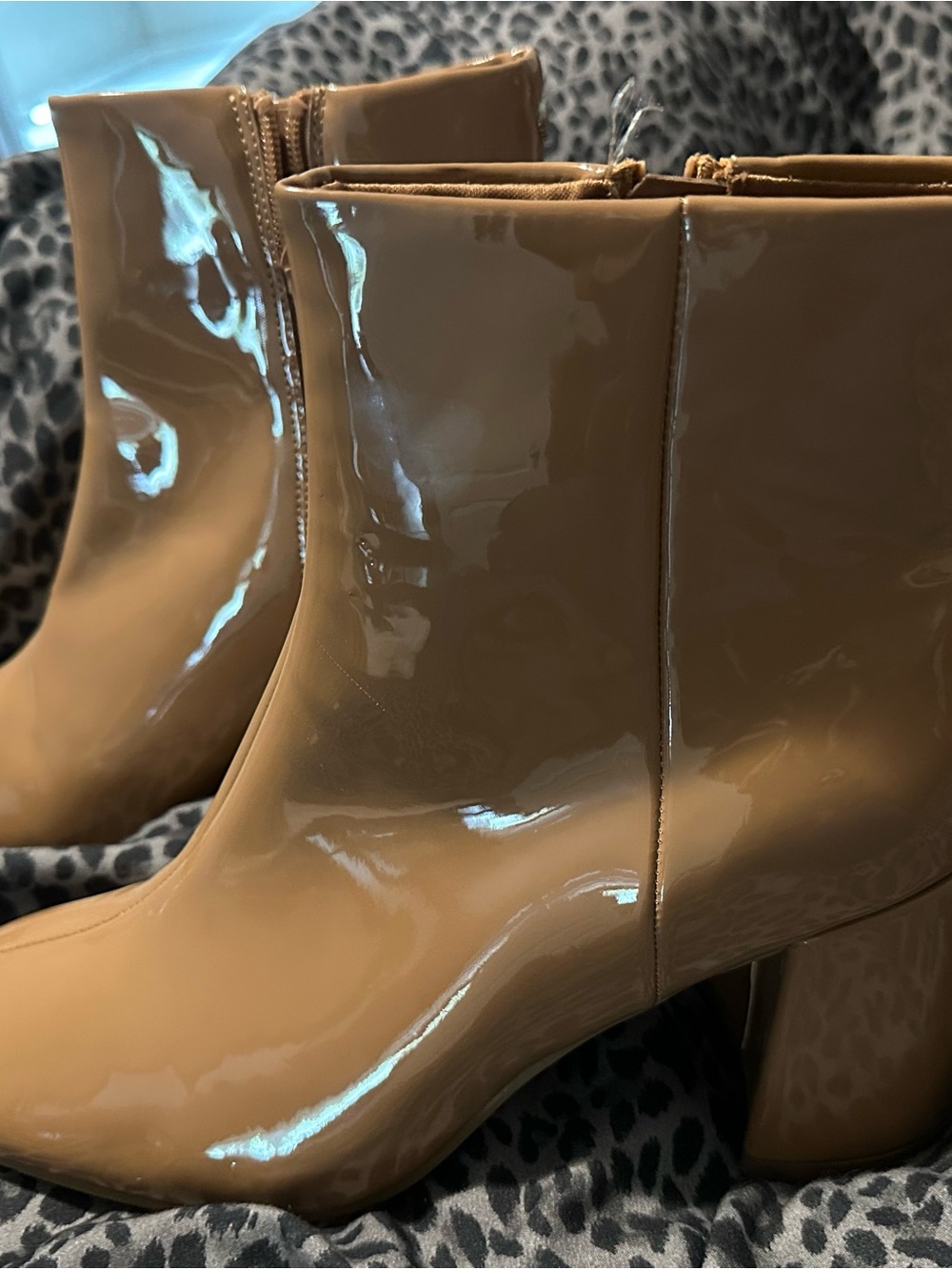 Glossy Tan Patent Block Heel Ankle Boots